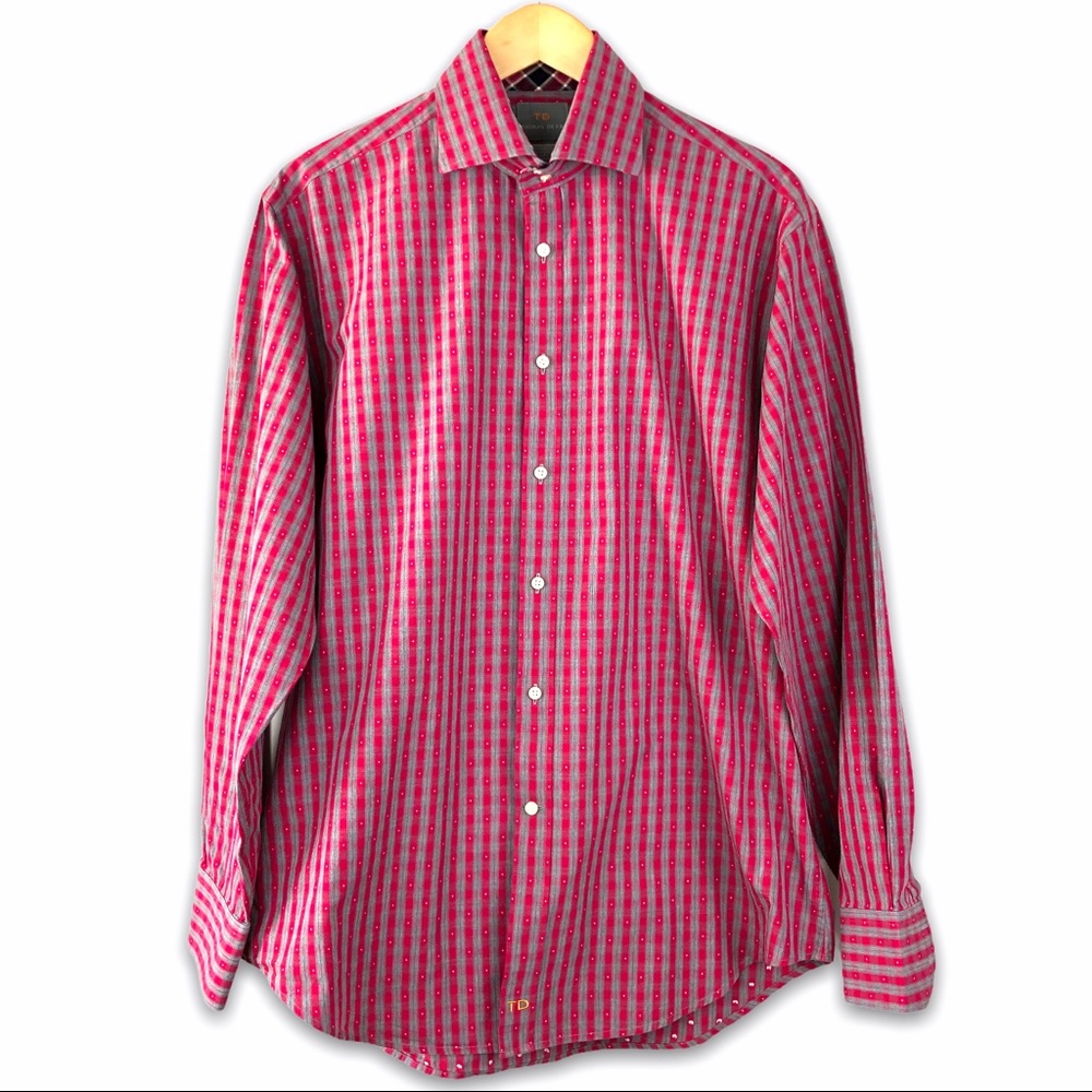 Thomas Dean Red Poplin Check w/ Fil Coupe' Shirt L